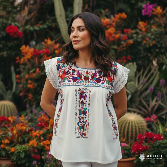 Mexican Embroidered Blouse – Handmade Otomi Floral & Animals Design Large - Picture 6 of 8